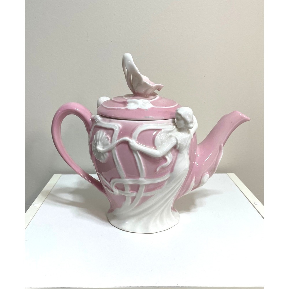 Pink Art Nouveau Lady Teapot Floral Lid Ceramic Decorative Tea Pot‎